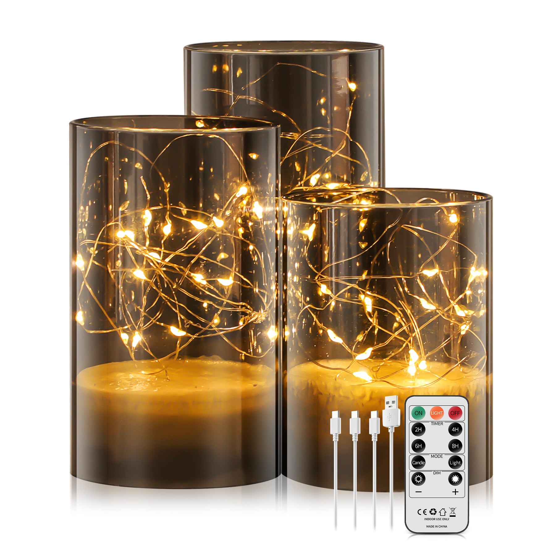 Forever Speed 3 Piezas Velas LED Recargable 1000mAH Luces de Hadas con Temporizador de Mando a Distancia Velas Decorativa Sin Llama para La Decoración Casera del Partido, Acampar, Boda - Gris
