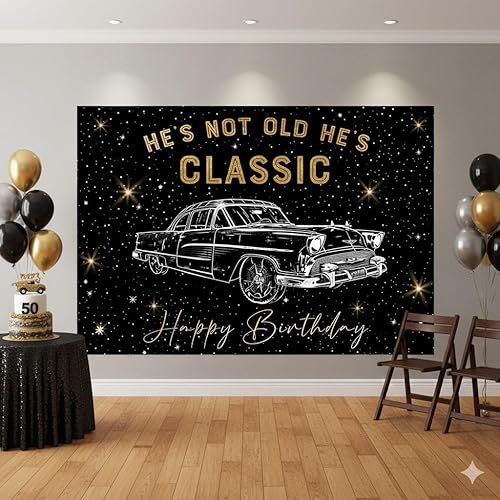 Miniatura 2 de Aperturee Telón de fondo retro para automóvil de 7 x 5 pies para fiesta de cumpleaños, Hes Not Old Hes Classic 1950s Vintage Car Funny Classic Car