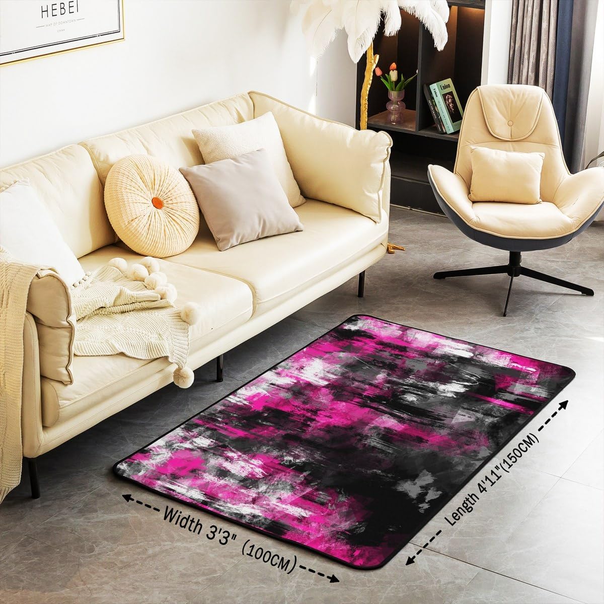 jejeloiu Abstract Geometric Area Rug 5x7 Kids Hot Pink Black Living Room Rugs for Bedroom Teens Modern Art Decor Carpet Breathable Soft Lightweight Room Decor Indoor Floor Mat