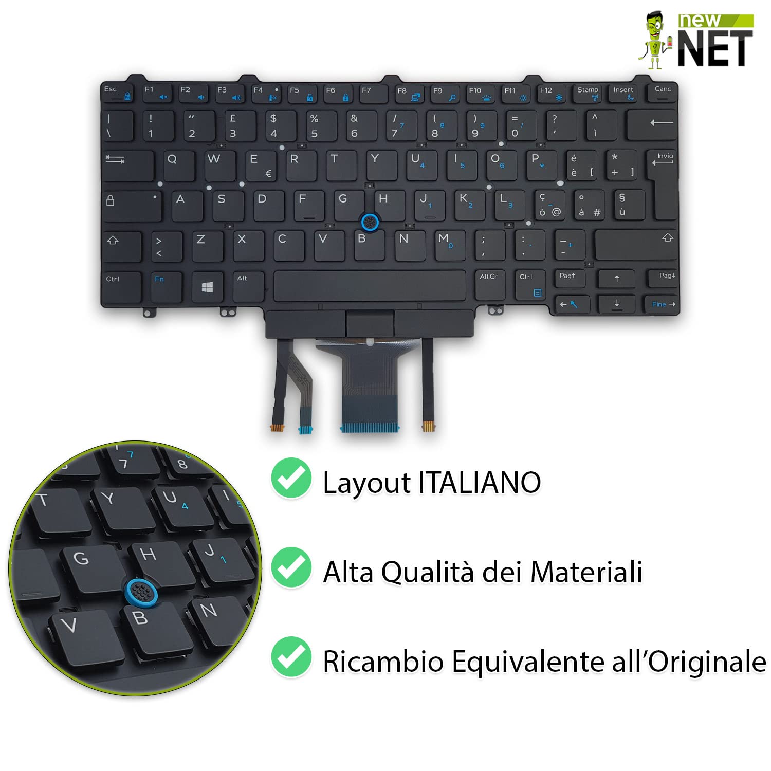 new net - Keyboards - Tastiera ITALIANA compatibile con Notebook Dell Latitude E5450 E5470 E5490 E7470 E7450 5480 5488 5490 3340 3350 [ Senza frame - Retroilluminata - LAYOUT ITA ]