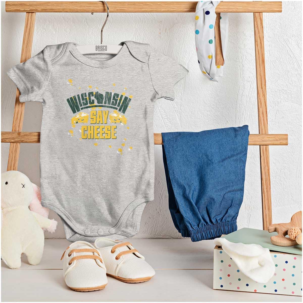 Brisco Brands Wisconsin Say Cheese State Shape Baby Romper Boys or Girls image 3