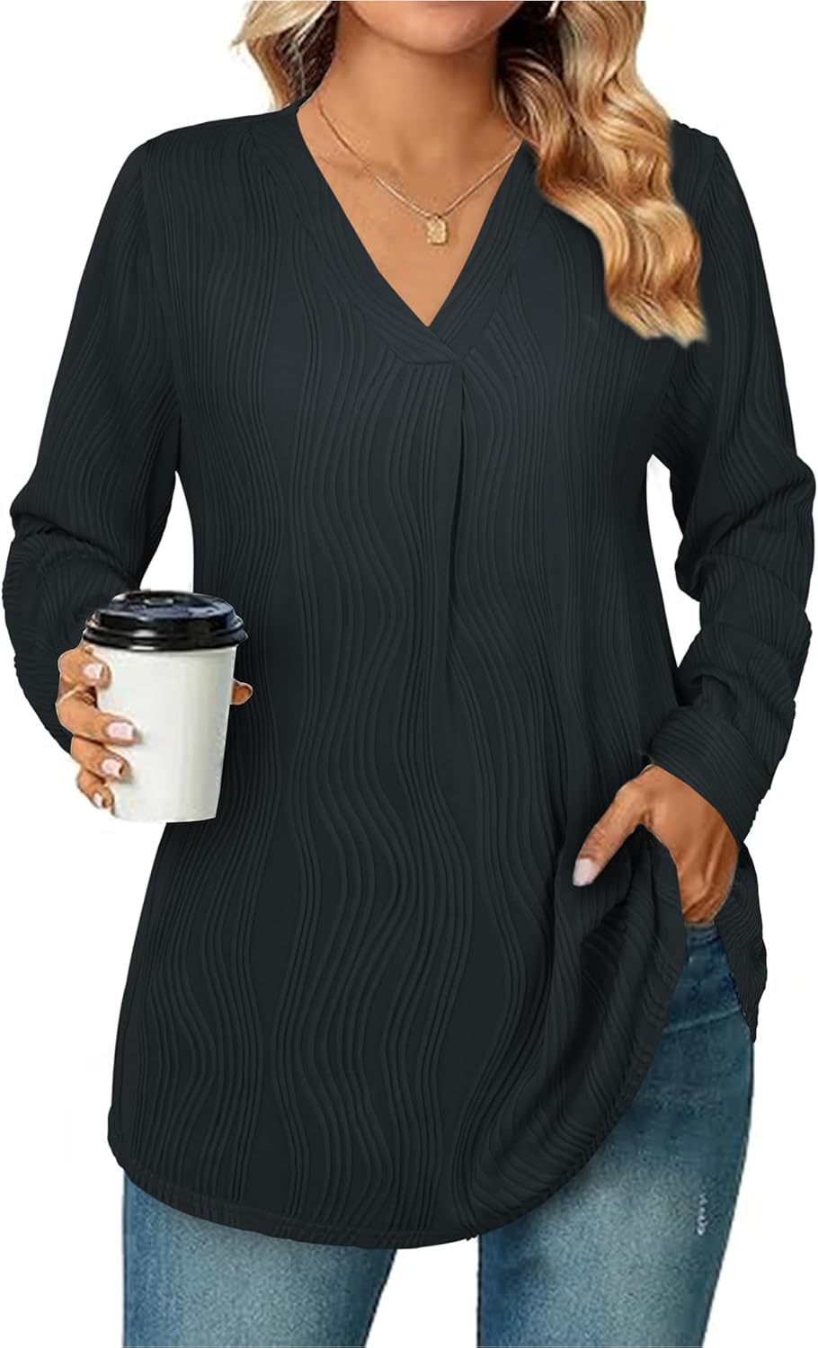 Womens 3 4 Sleeve Blouse Long Sleeve Business Casual Tunic Tops V Neck Work Tops Textured Dressy Casual Shirts Large Black