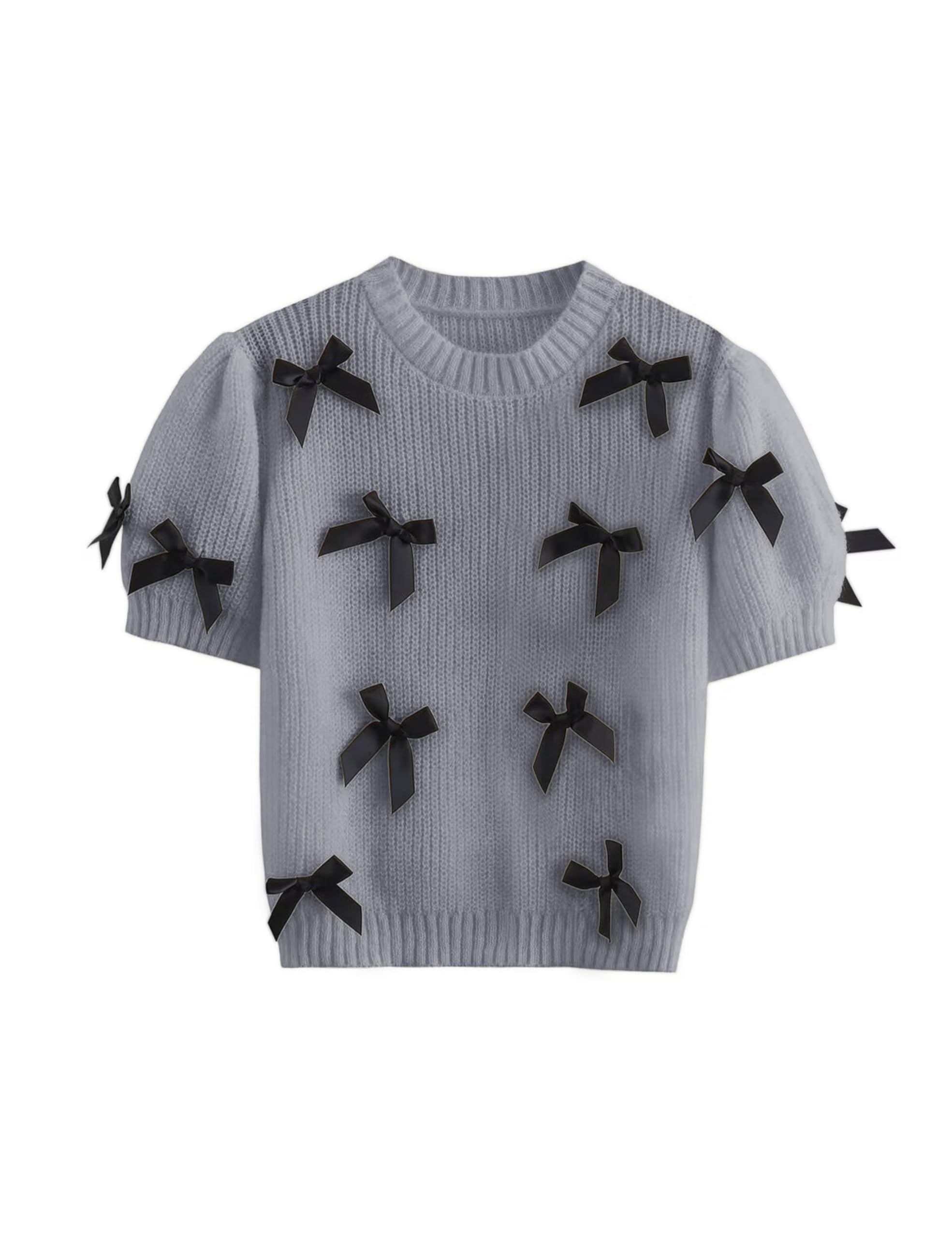 Women's Sweaters Knitted Crewneck Puff Bubble Short Sleeve Pullover Tops Casual Bow T Shirts Chic Blouses