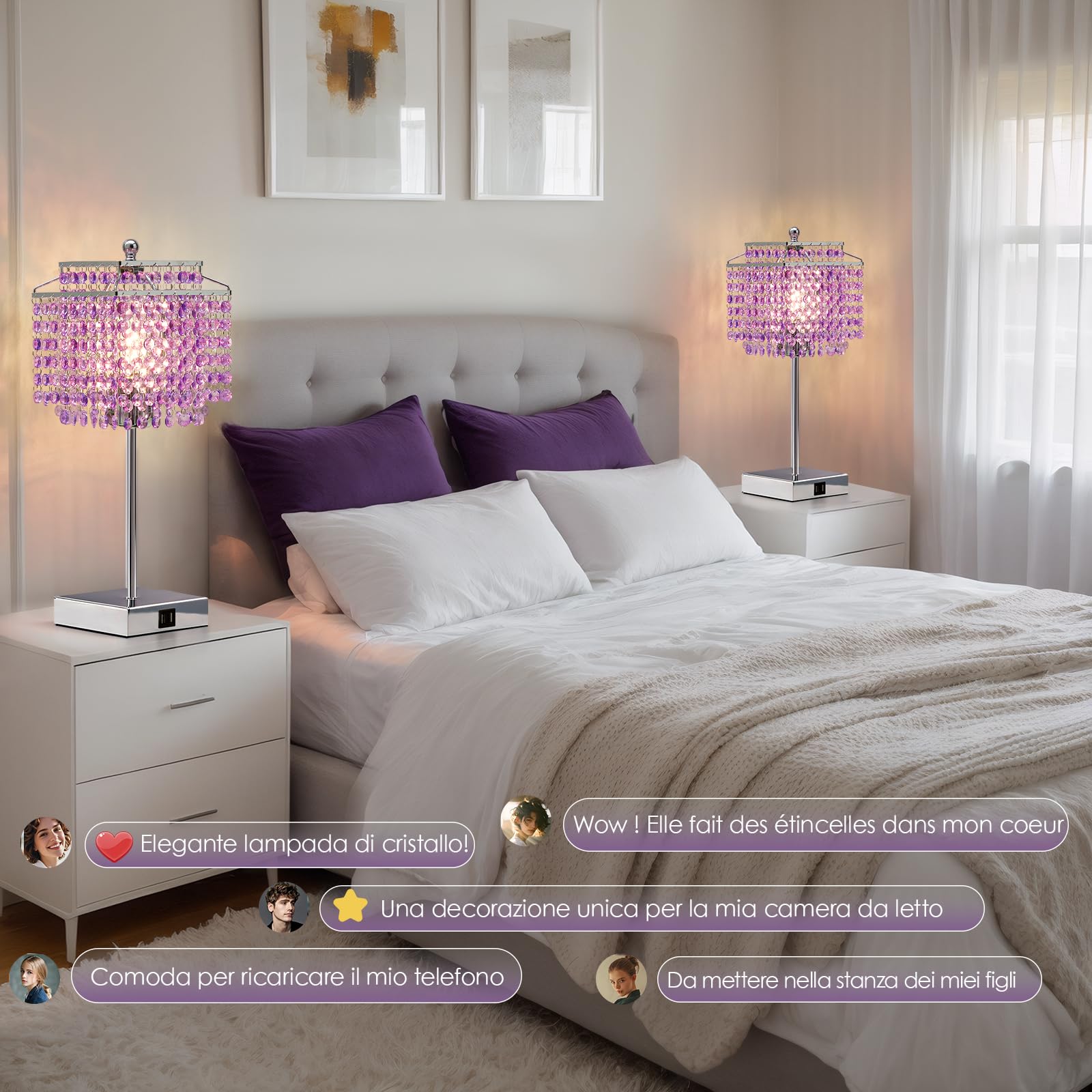 GyroVu Lampada da Tavolo in Cristallo, Lampada Touch con Porte USB C+A, Lampada Dimmerabile per Comodino, Camera da Letto, Soggiorno, Lampadina Inclusa
