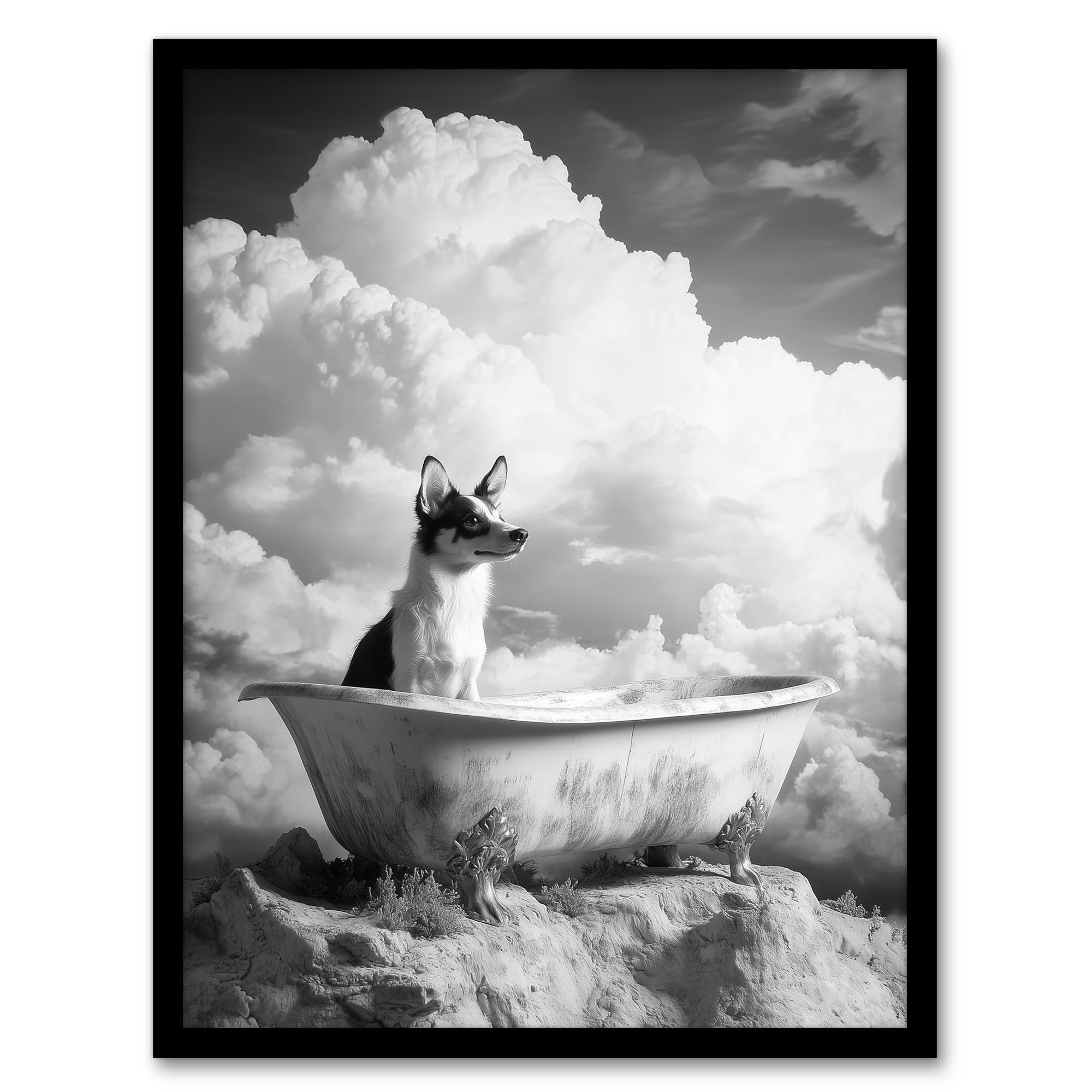 Artery8 Puppy Bathtub on Mountain Peak Surreal Dog Lover Living Room Artwork Framed Wall Art Print A4