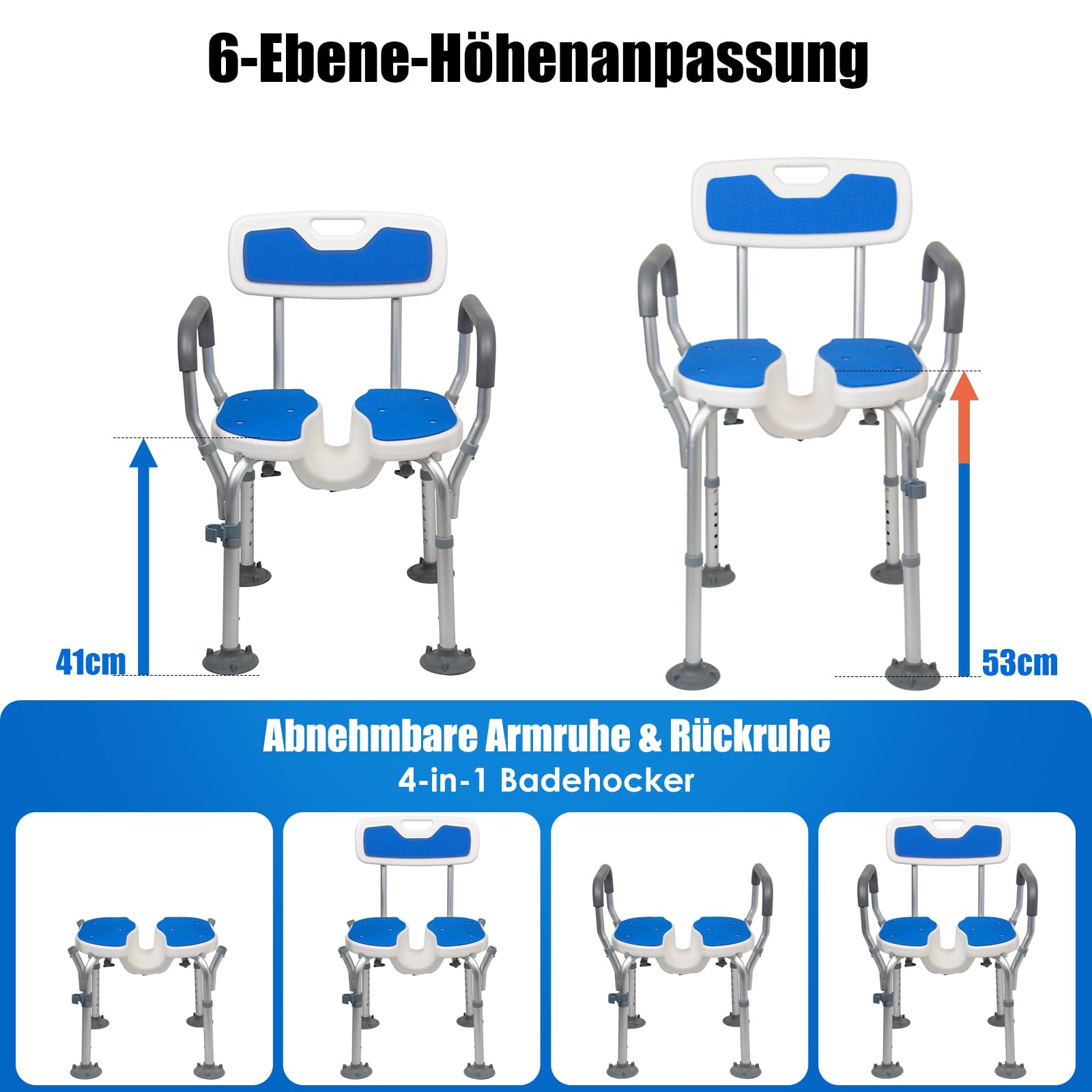Silla de ducha ergonómica en forma de U con respaldo y reposabrazos, 180 kg, incluye ventosa, 6 niveles de altura, taburete de ducha para lavar el hogar