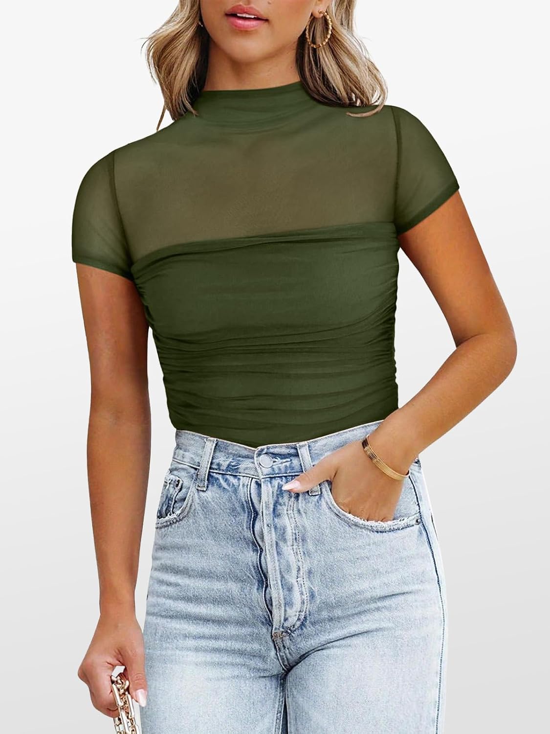 ANRABESS Womens Summer Sexy Mock Turtle Neck Short Sleeve Tops Sheer Mesh Shirts Slim Blouse Trendy Ruched Going Out Outfits - Image 7