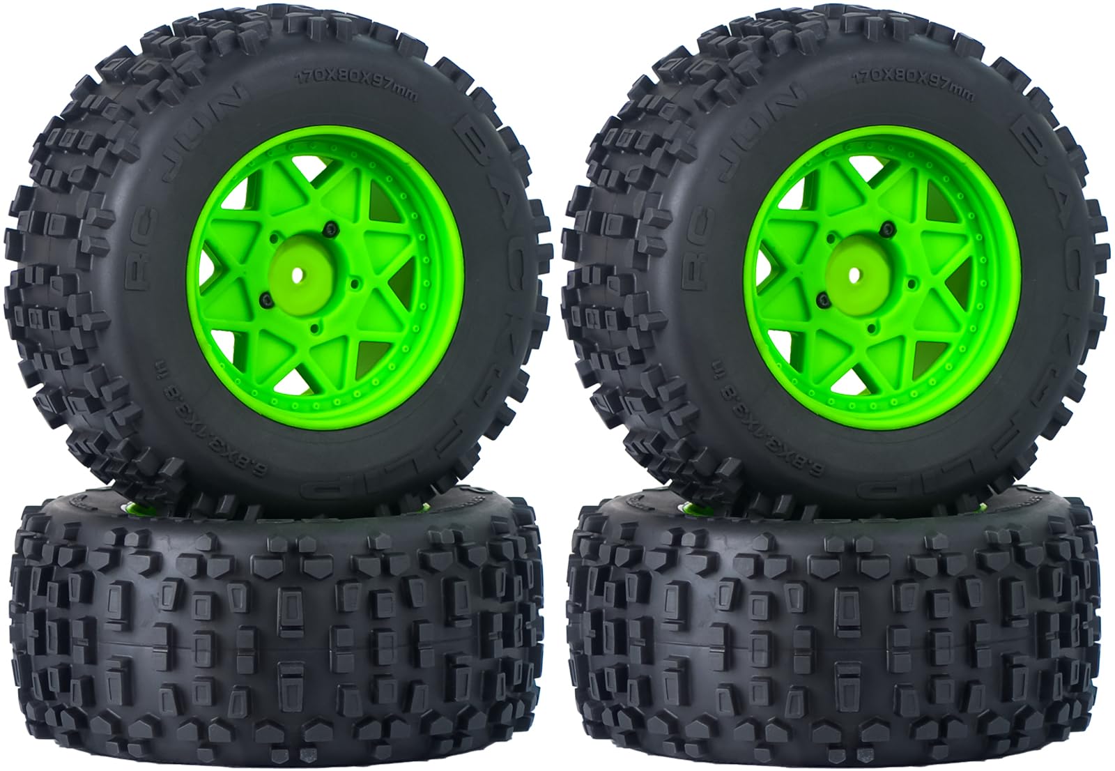 3.8" MT Monster Truck Tires with Foam Insert - 17mm/14mm/12mm Hex Adapters Included, Compatible with TRAXXAS Sledge, ARRMA KRATON, Outcast, Tamiya, HSP (Set of 4), Replacement Part of AR510092