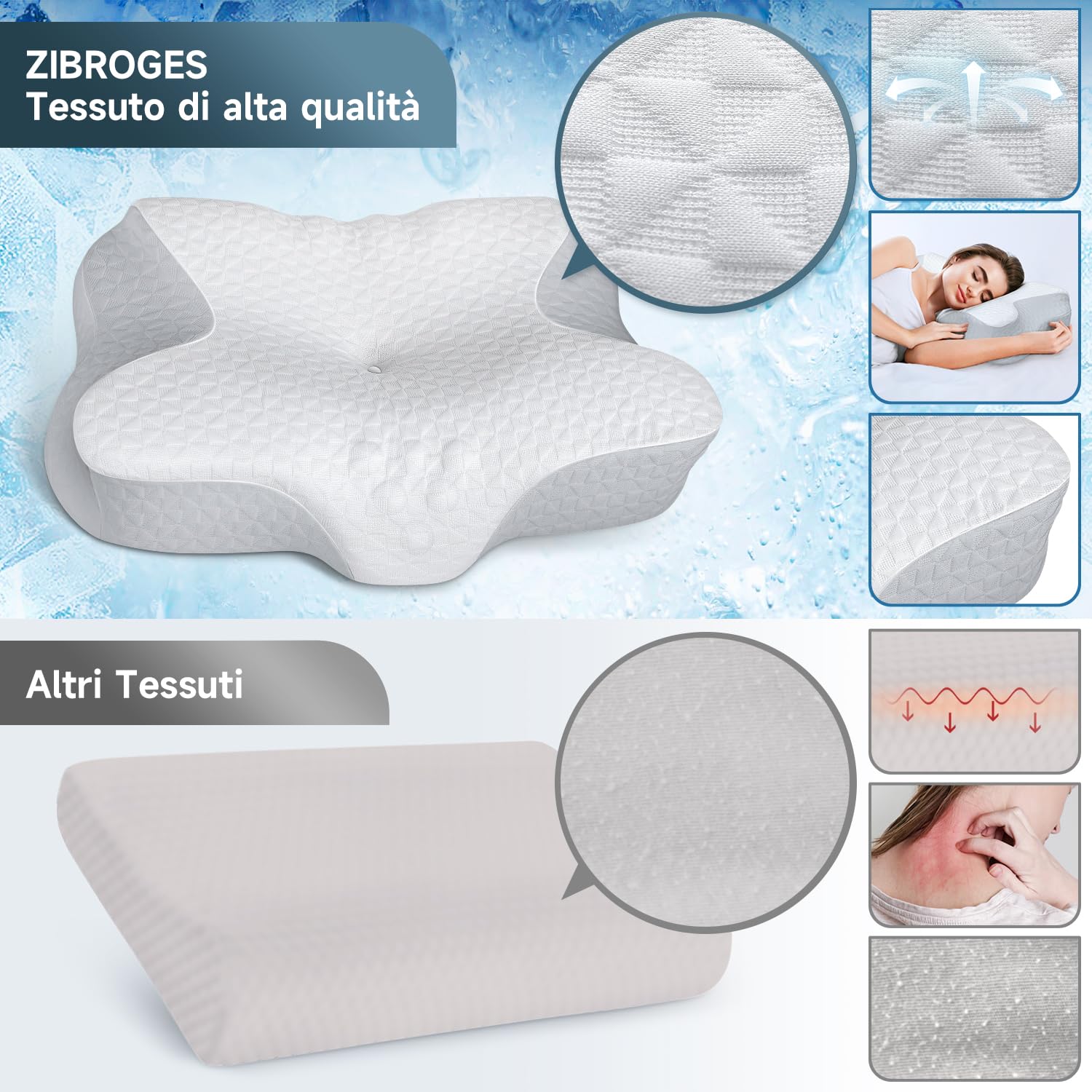 Zibroges Cuscino in Memory Foam, Cuscino Letto Confortevole per il Collo, Ideale per Chi Dorme di Fianco, sulla Schiena o sulla Pancia, Federa Lavabile, 61x41x11,5cm
