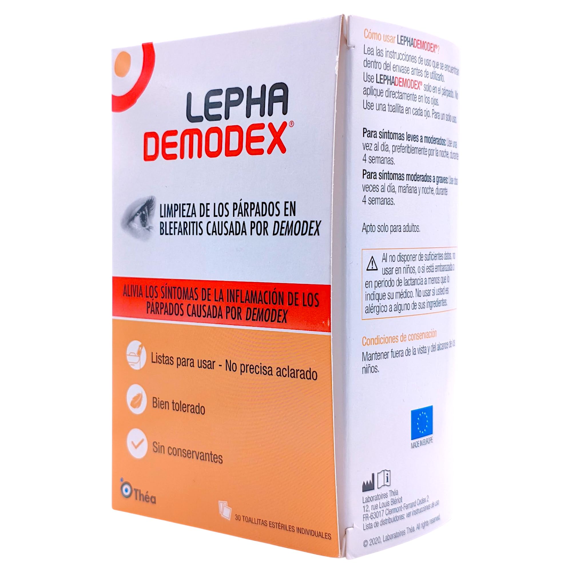 Laboratorios Thea Lephademodex 30 Toallitas Estériles - Higiene de Párpados y Pestañas - Tratamiento para Infección por Demodex y Blefaritis - Con Terpinen-4-ol y Ácido Hialurónico