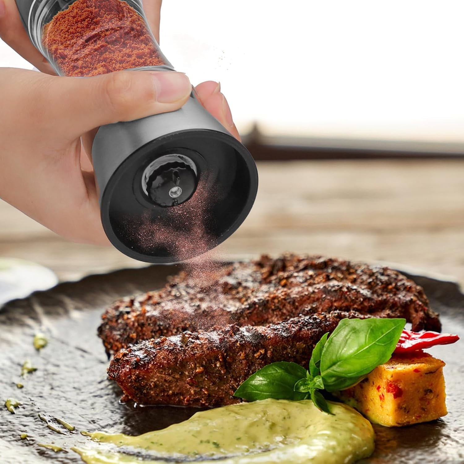 2Pcs 2 in 1 Salt and Pepper Grinder Set, 304 Stainless Steel Pepper Mill Grinder Sea Salt Grinder Refillable Pepper Grinder Manual with Adjustable Ceramic Rotor