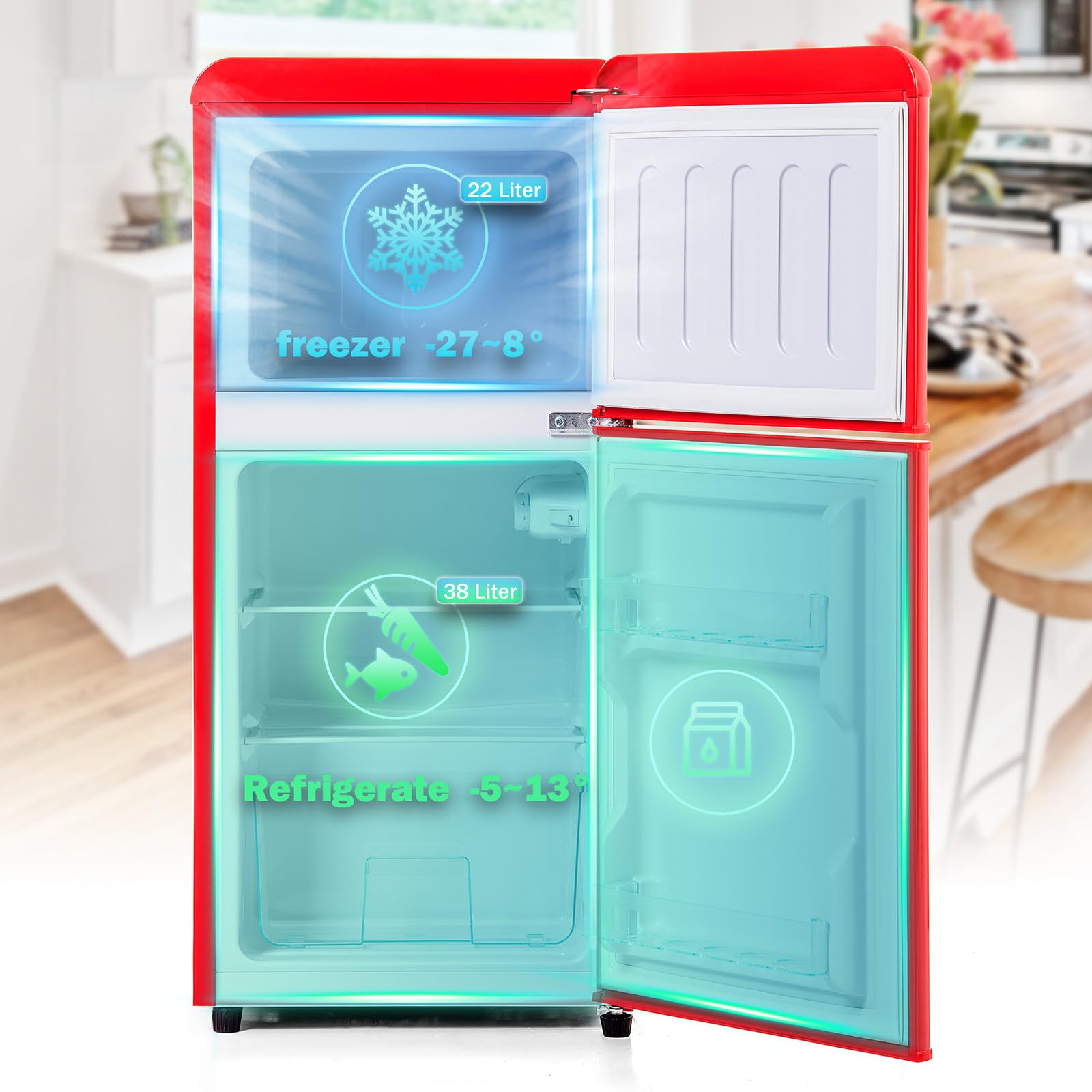 Lodówka Retro 60 L, Mini Lodówka Z Zamrażarką, Połączenie Lodówki I Zamrażarki, 22-Litrowa Komora Zamrażarki, 38-Litrowa Komora Lodówki, Klasa Energetyczna E, 102 Kwh/Rok,Red