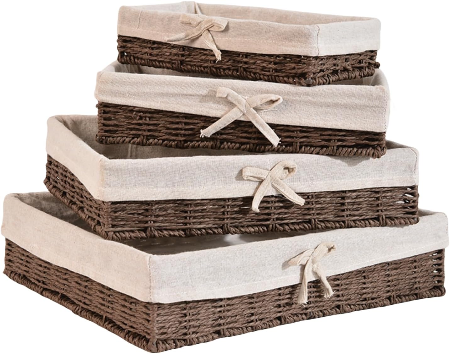 Shallow Storage Baskets for Shelves, Set of 4 Lined Wicker Baskets for Organizing, Dark Brown Paper Rope Shelf Storage Bins for Pantry, Closet, Bathroom