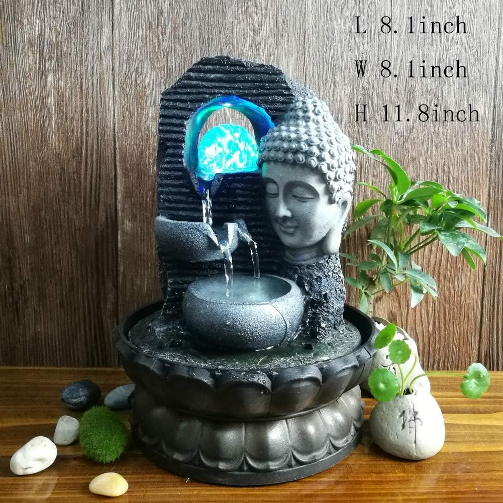 Resin Fountain,Indoor Outdoor Tabletop Fountain Desktop Fountain Decoration Feng Shui Fountain Bonsai Bonsai Resin Decorative Sculpture for Buddha Fountain-Gray 11.8inch
