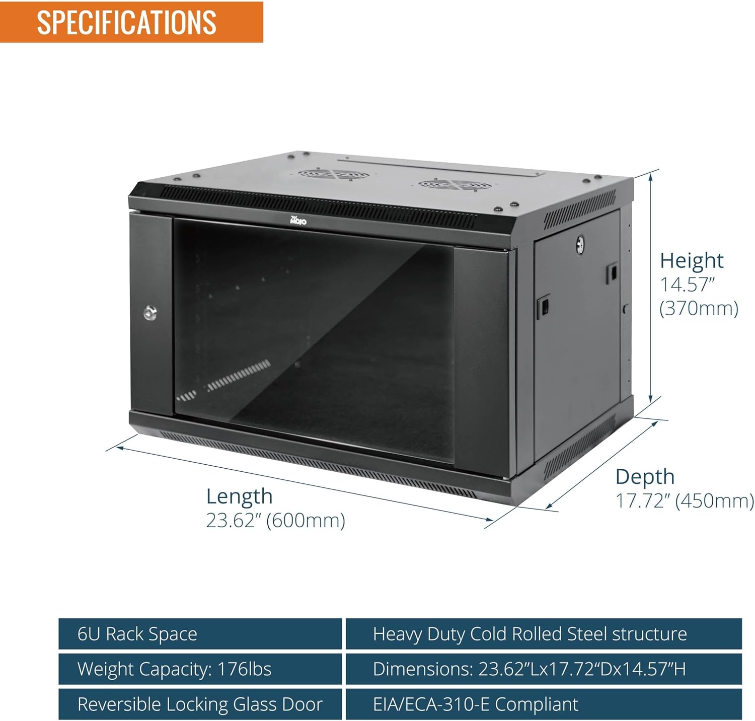 Image displaying the specifications of the Tecmojo 6U Wall Mount Server Cabinet, including height 14.57 inches (370mm), length 23.62 inches (600mm), and depth 17.72 inches (450mm). A table lists 6U rack space, 176lbs weight capacity, reversible locking glass door, heavy duty cold rolled steel structure, dimensions 23.62x17.72x14.57 inches, and EIA/ECA-310-E compliance.