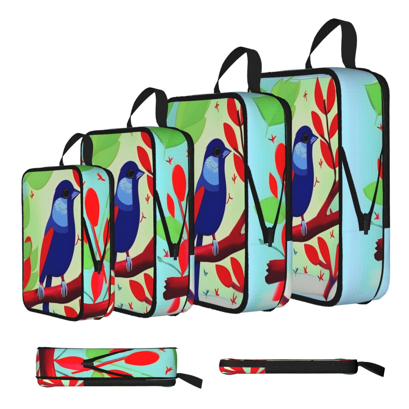 Sxzvvbn Black Red Leaf Bird Compression Packing Cubes 4 Piece Set