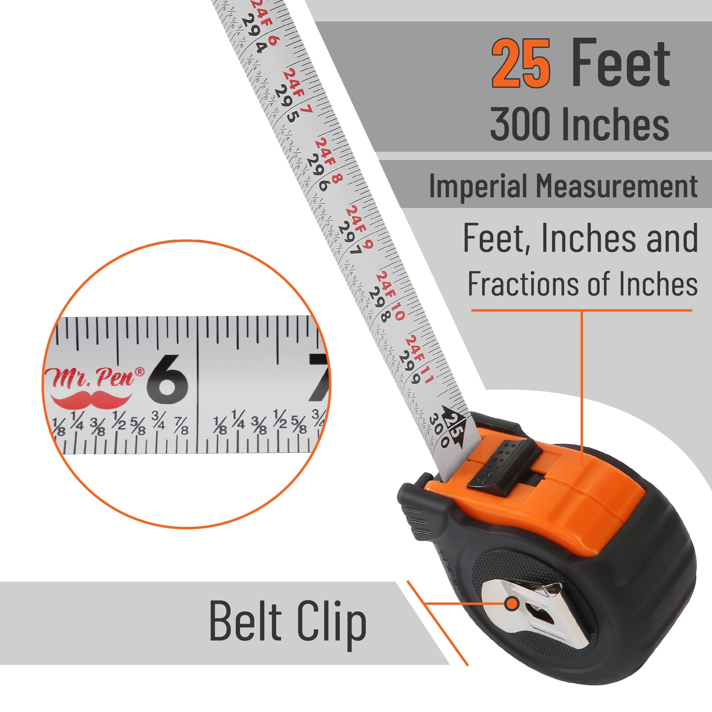 Mr. Pen - Cinta métrica, 25 pies, 6 piezas, naranja, cinta métrica de acero, cinta métrica con fracciones, cinta métrica de fácil lectura, cinta métrica de 25 pies, cinta métrica de acero, cinta