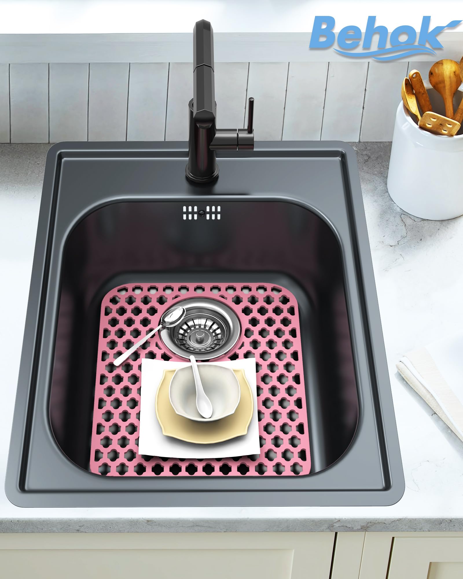 Paquete de 2 protectores de silicona para fregadero de cocina y baño, tapete de fregadero de 34,5 x 29,5 cm, antideslizante y duradero, protector de fregadero de silicona, drenaje trasero, color