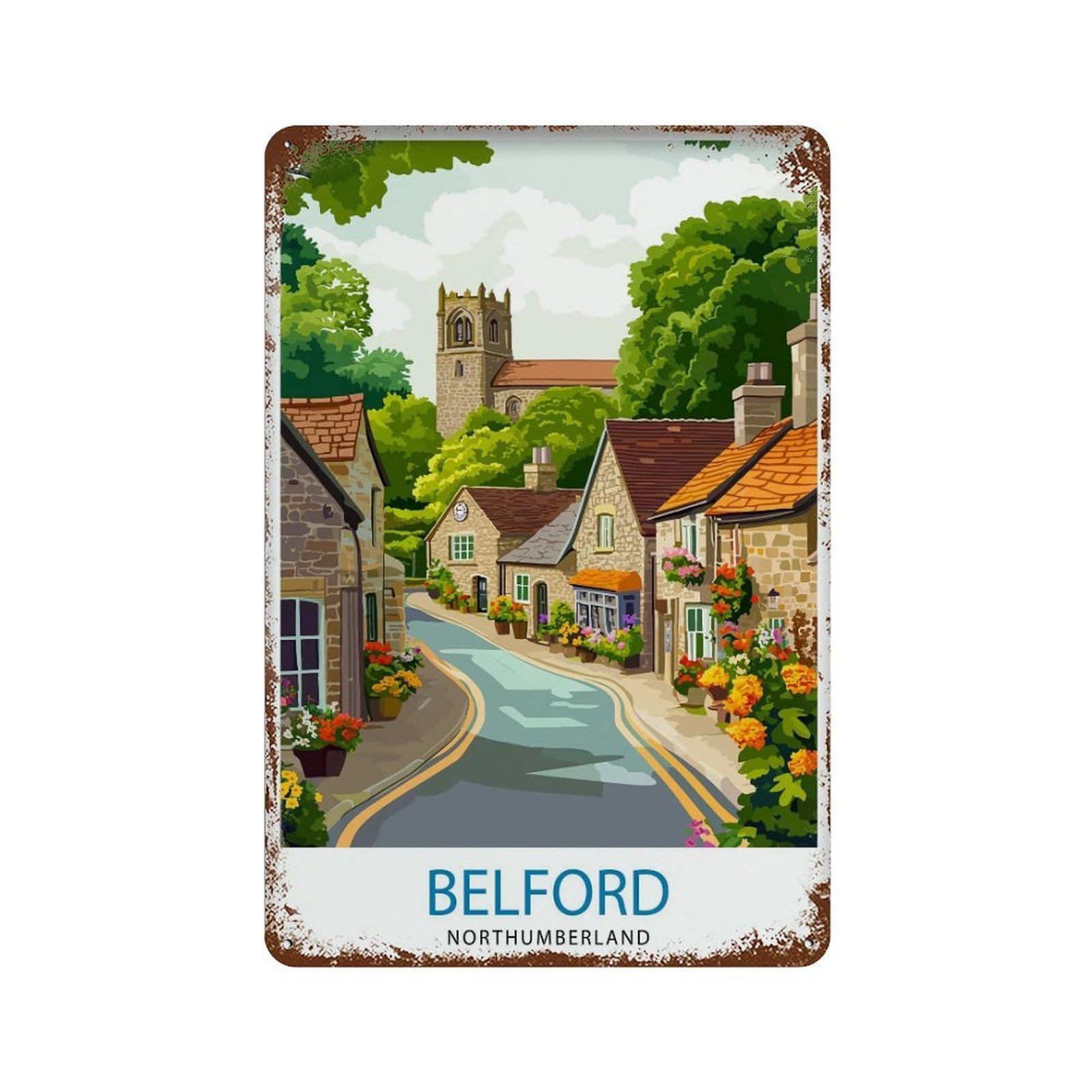 xiaoxiaoshen Belford Northumberland Travel UK Village Scenic British Wall Decor Art Metal Tin Poster Modern Home Decor Art Home Bar Shop Decorations Vintage Sign 30x20cm