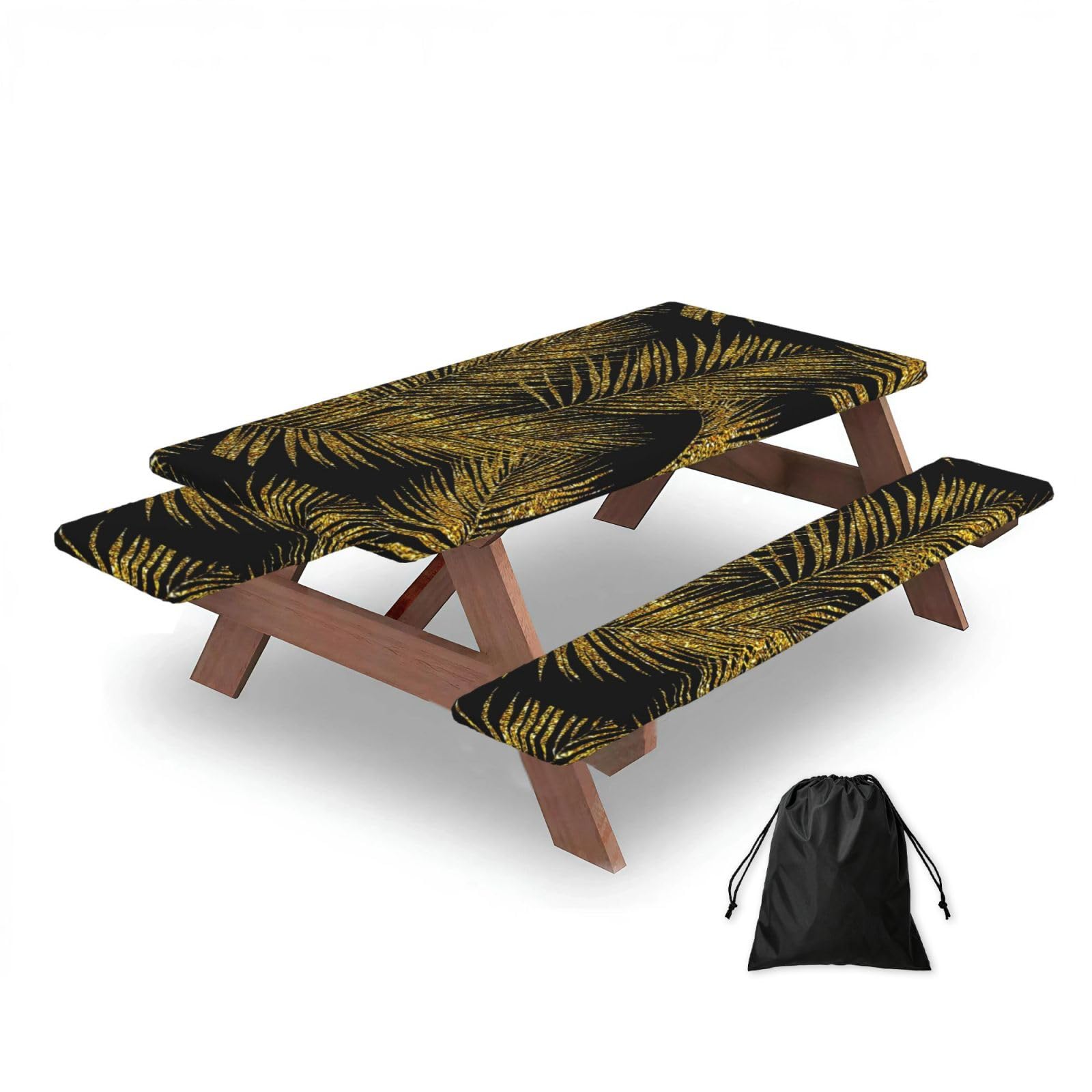 Dopklna As Picture Gold Glitter Palm Leaves, Picnic Table Cover With Bench Covers -Waterproof Elastic Fitted Tablecloth For Garden Camping Patio 76X152cm