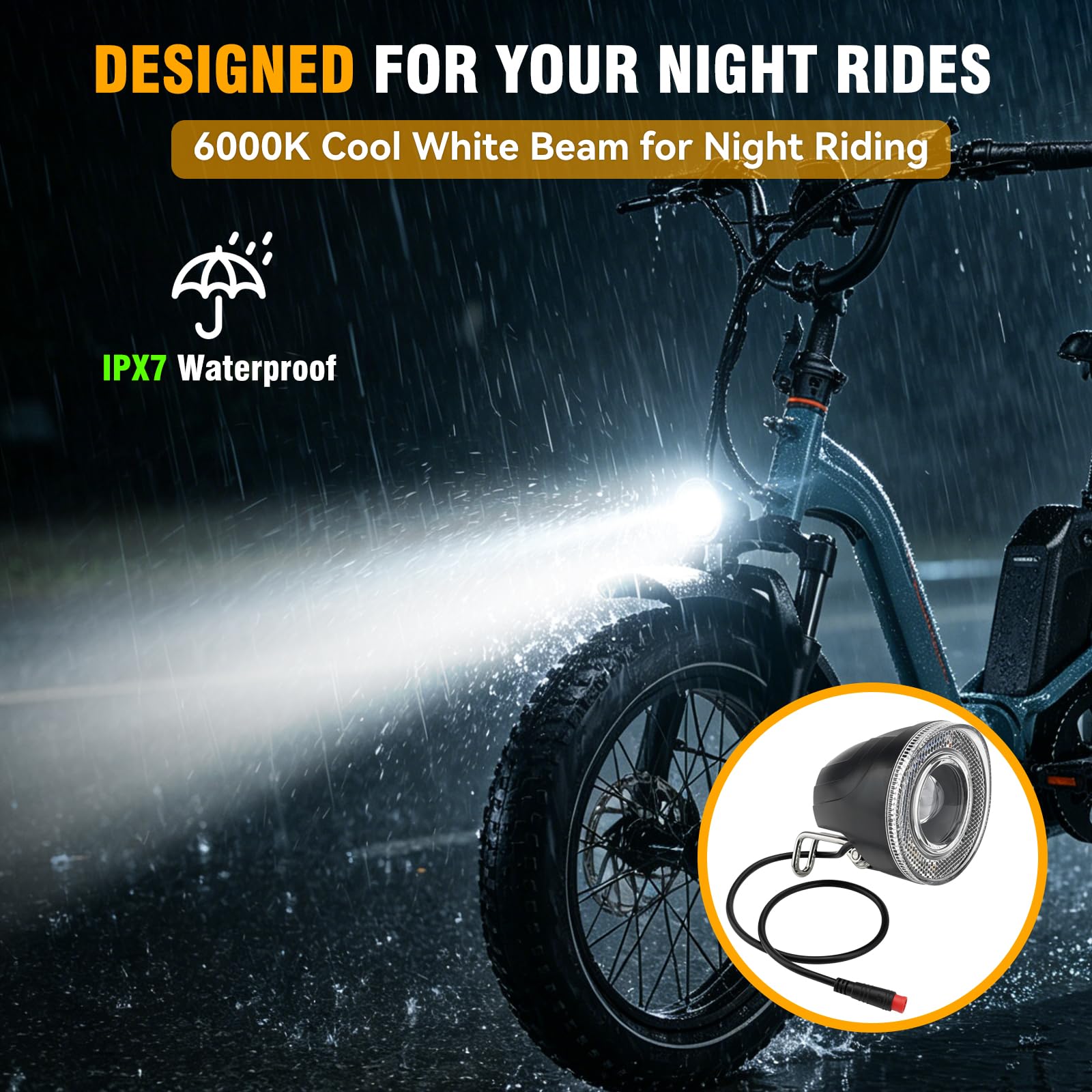 Jerbor Phare avant de vélo électrique pour Rad Power Bikes 2018 et modèles ultérieurs, visibilité à 360 degrés, boîtier en alliage d'aluminium, remplacement direct 2 broches pour vélo électrique