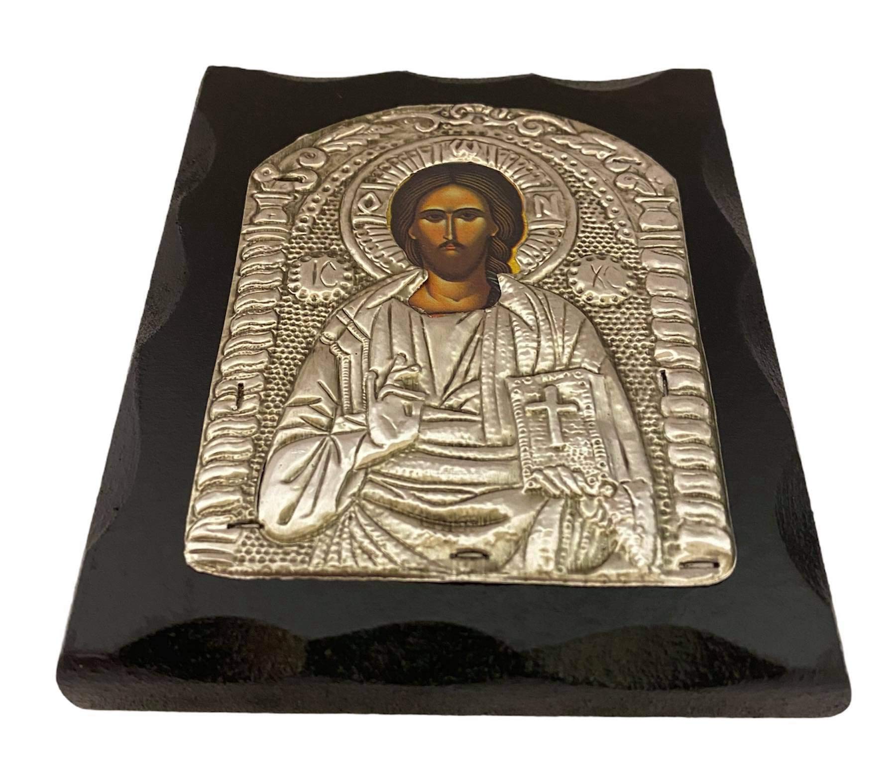 Christian Orthodox Solid Wood-Metallic icon of Jesus Christ Handmade From Greece (12 X 10 cm or 4.7 X 3.94 in)
