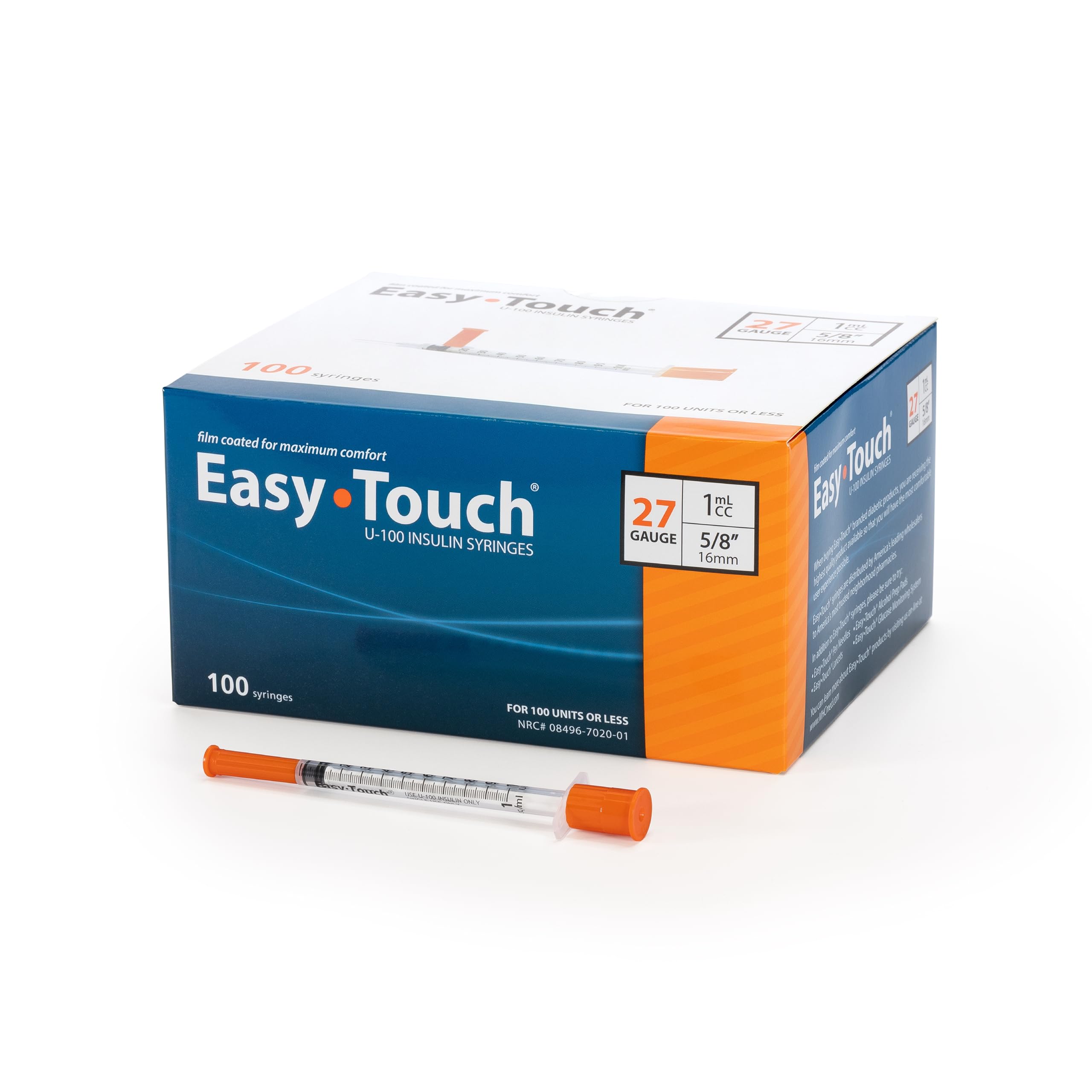 EasyTouch U-100 Insulin Syringes (27G 1.0cc 5/8") - 100ct.