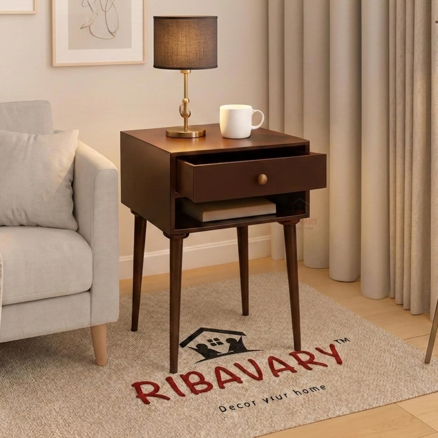 Modern Bedside Table Nightstand, Practical End Side Table with Drawer Storage for Small Spaces Wooden Bedside Table, Book Rack Table Coffee Table, Living Room/Bedroom (Brown.)-image-33