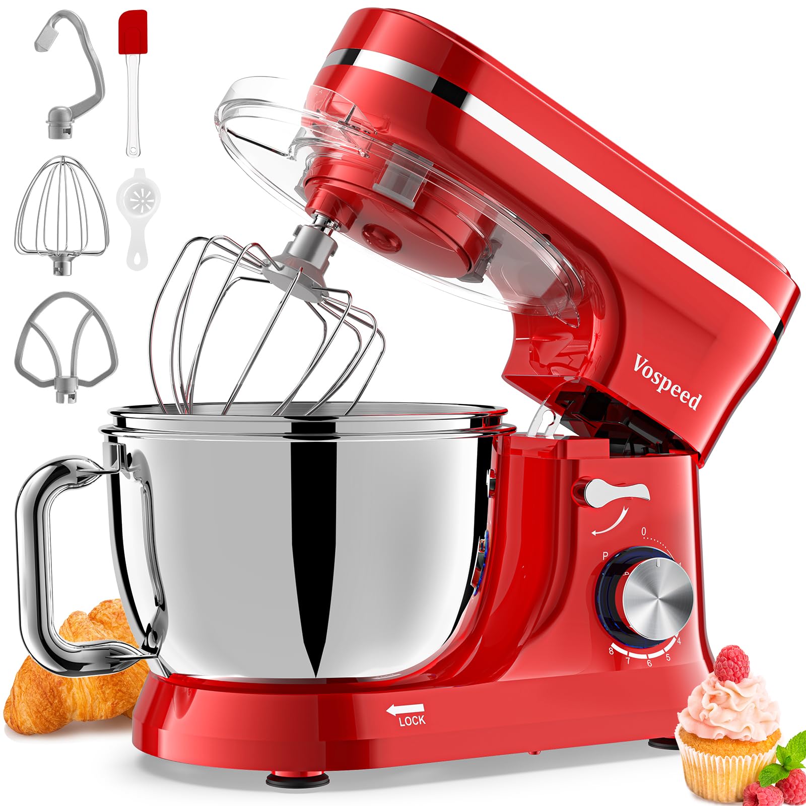Vospeed Kitchen Blender 5QT 1000W Electric Cake Mixer with Bowl, Whisk, Hook, Whisk, Egg Separator and Silicone Spatula, Dishwasher Safe (Red)-image-40
