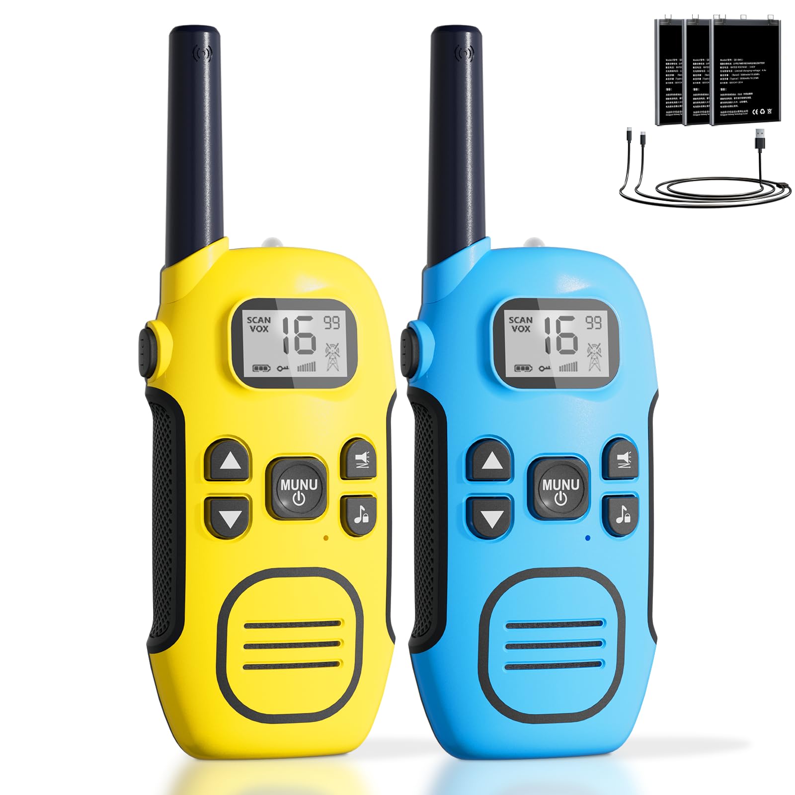Walkie Talkie Bambini Ricaricabili, 2 Pezzi Talkie Walkie Portata Fino a 3 KM, VOX, Torcia LED e 16 Canali - Ideale per Esterni Campeggio Escursionismo, Regalo per Ragazzi e Bambine di 3-12 Anni