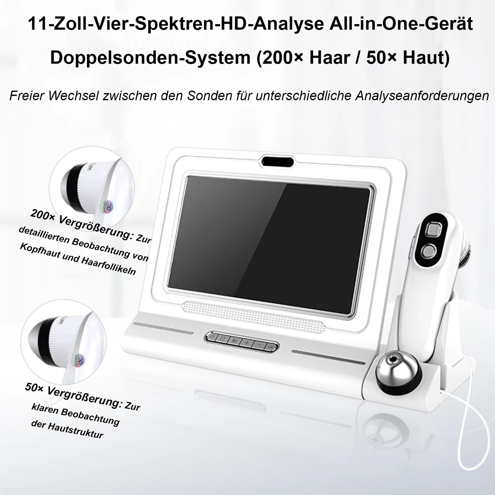 2026 Haut und Kopfhaut Analysegerät 11 Zoll HD Display Haar Kopfhaut Kamera 200x und 50x Vergrösserung UV Licht Polarisationslicht Vier Bilder Vergleich Haarfollikel Detektor Profi Salon Klinik