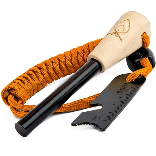 Texas Bushcraft Fire Starter - 3/8' Thick Ferro Rod with Striker and Paracord Wrist Lanyard – Waterproof Flint Fire Stee