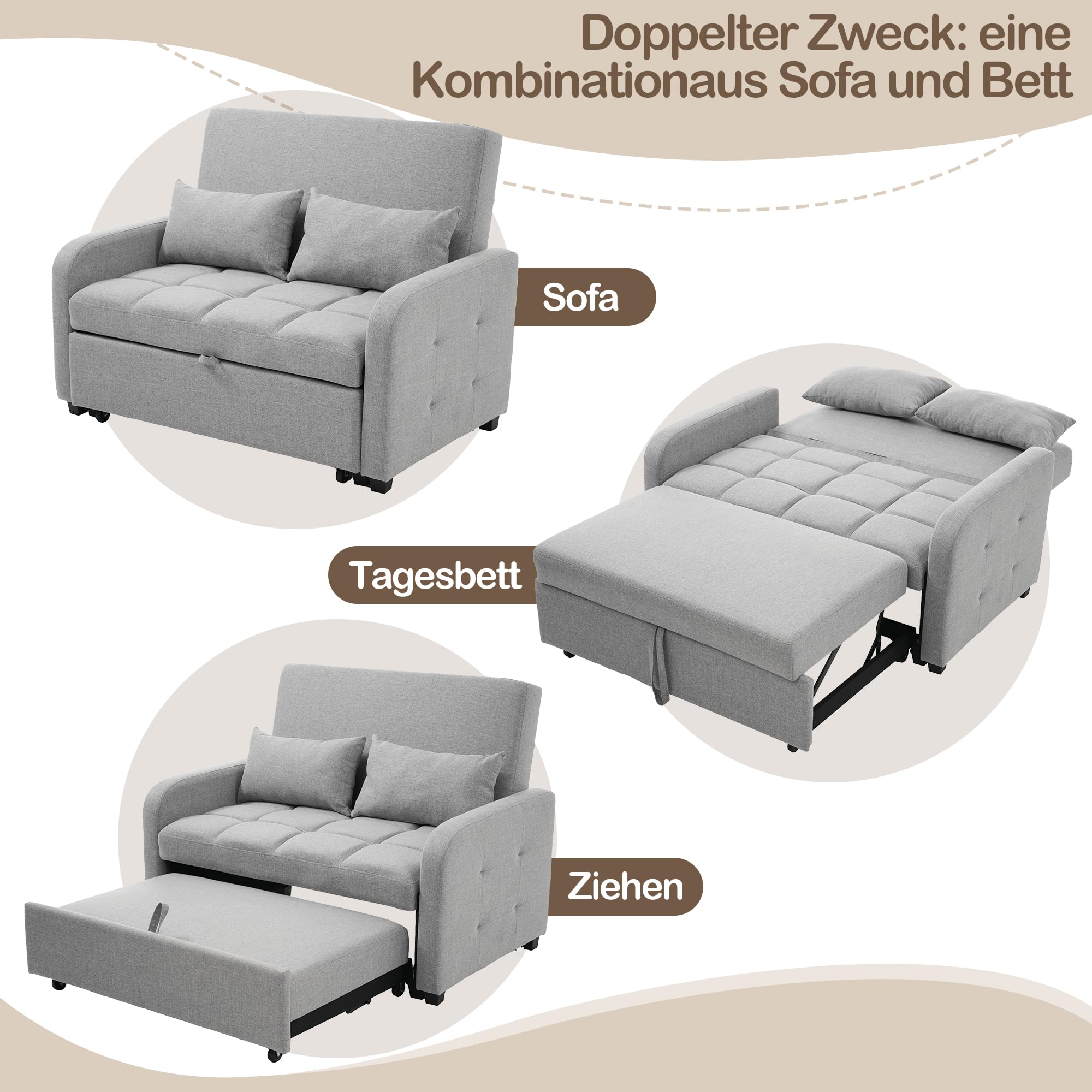 KAZZIO Multifunktionale Klapp-Sofa-Bett, Verstellbares Rückenteil Sofa, Ideal für kleine Wohnungen und Studentenwohnheime, 180x127cm Komfort-Sofa-Bett (Antik Grau)