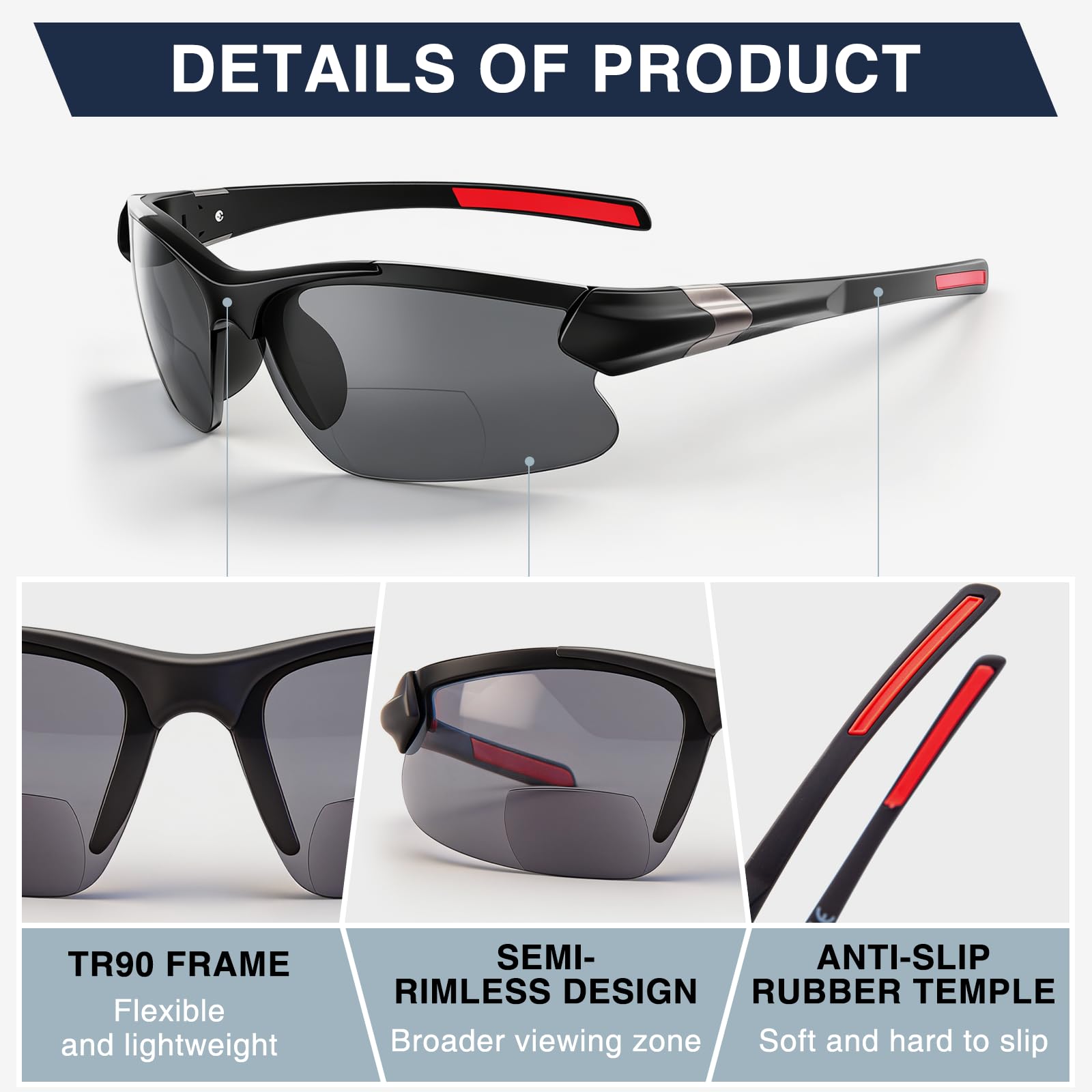 DEHOTRE Bifokale Lesebrille für Herren, TR90-Rahmen, zum Umwickeln, Sport, halbrandlos, Sonnenleser für Fahren, Golf, Angeln, 2 Stück