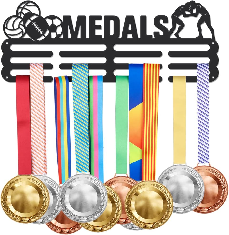 SUPERDANT Track and Field Medal Hanger Display Decathlon Male Sports Medal Display Rack Never Give Up Wall Mount Ribbon Display Holder Rack Iron Hooks for 40+ Awards Sports Wall Hanging Athlete Gift