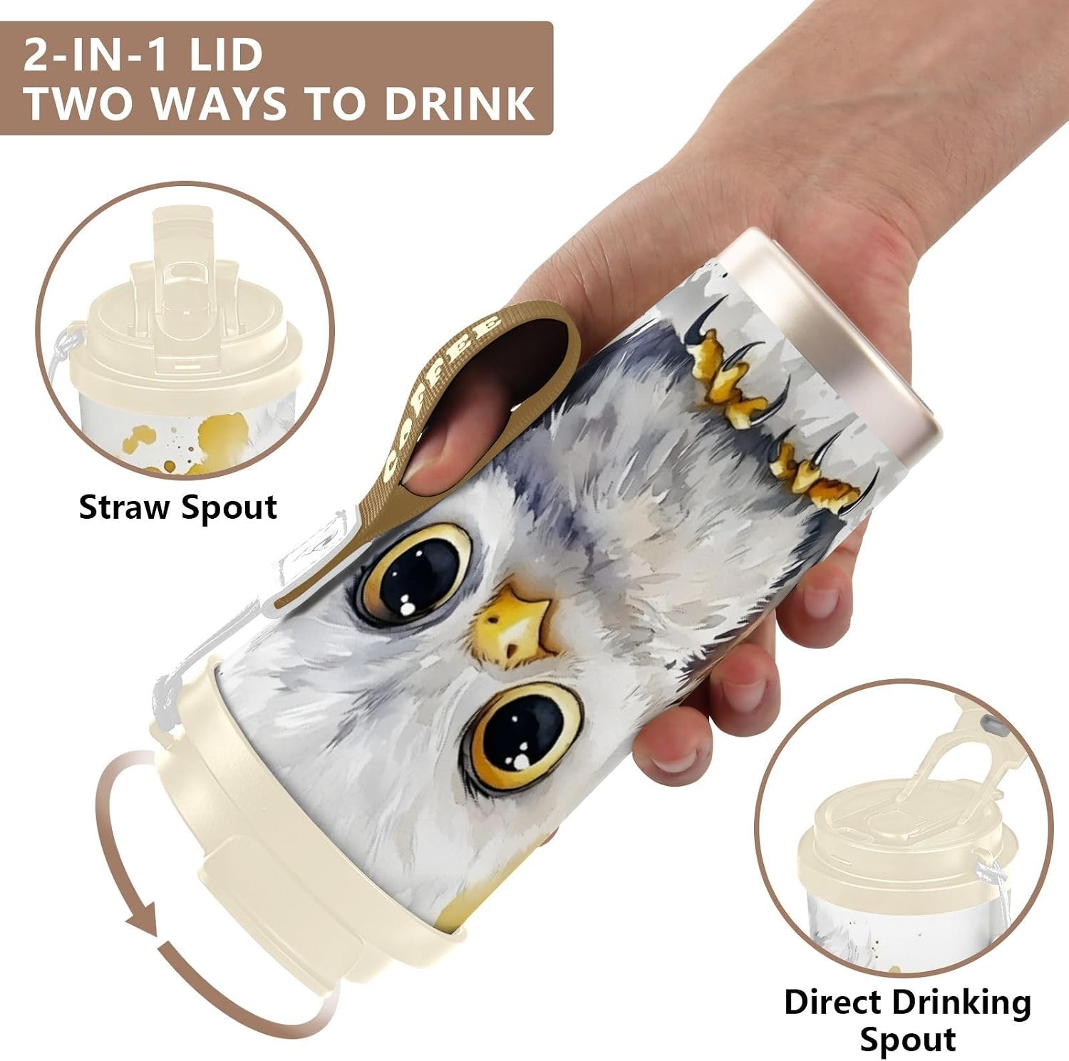 Owl Cute Watercolor Insulated Coffee Mug with Straw & Flip Lid, 16.9oz Iced Tumbler Cup, Double Wall Vacuum Mug for Travel Office
