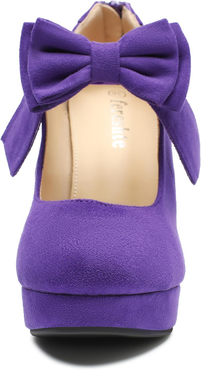 fereshte Women's Platform Mary Jane Pumps with Bow, High Block Heel, Closed Toe, Zip Closure