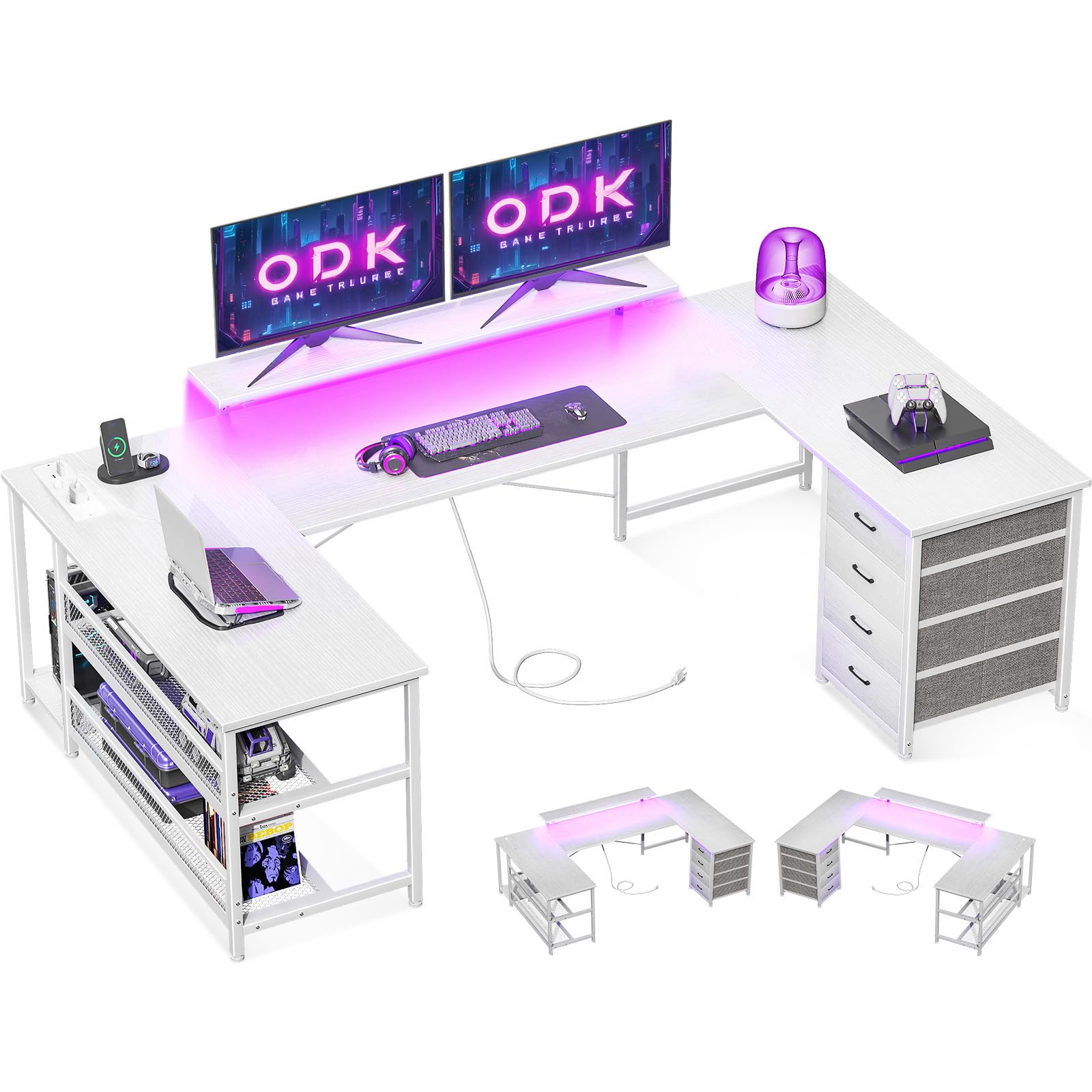 ODK Escritorio con Cajones, Escritorio Esquinero Reversible con Regleta, Escritorio Gaming con LED y Soporte para Monitor para Oficina en Casa, 167×102 cm, Todo Blanco