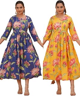 Floral Printed Maternity Midi Dress, Nursing Feeding Gown, 3/4 Sleeves, Green & Blue, Pack of 2 Price In India