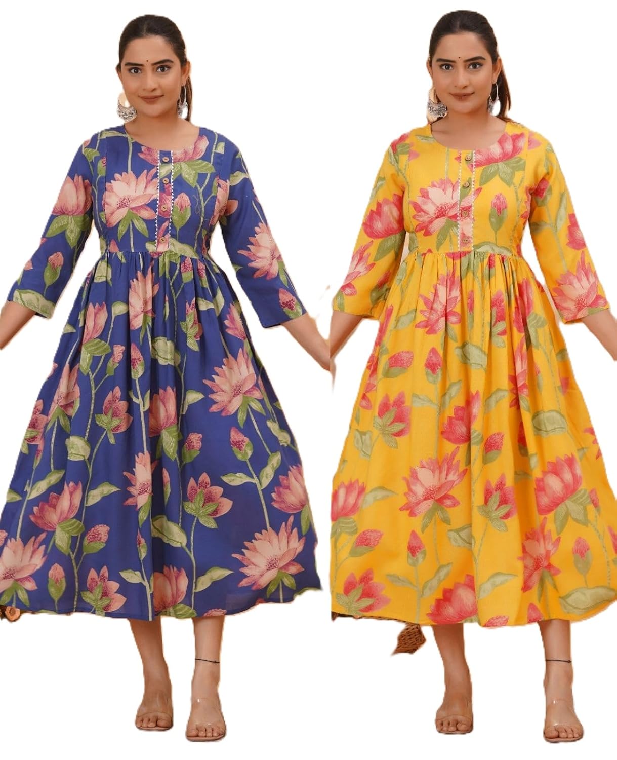 Floral Printed Maternity Midi Dress, Nursing Feeding Gown, 3/4 Sleeves, Green & Blue, Pack of 2