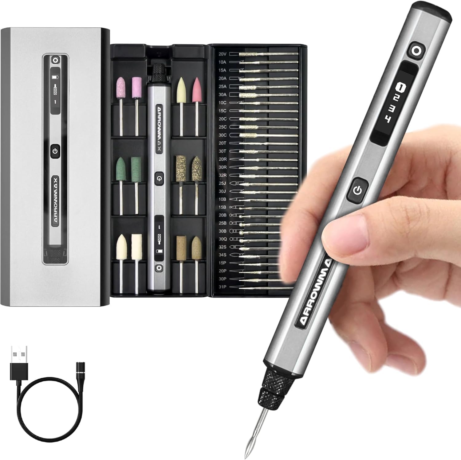 ARROWMAX Mini Electric Engraving Pen, HollowCup Motor, 42 Bits with Aluminum Case, OLED, Magnetic Charge, Mini Rotary Tool, Cordless Engraving Pen for Jwelry, Metal, Wood, Glass and Plastic (SGS) | Engraver Pen Tool with 42 Bits, Cordless Rotary Tool Kits Engraver Kit DIY Craft Gifts for for Teens Adults Beginners