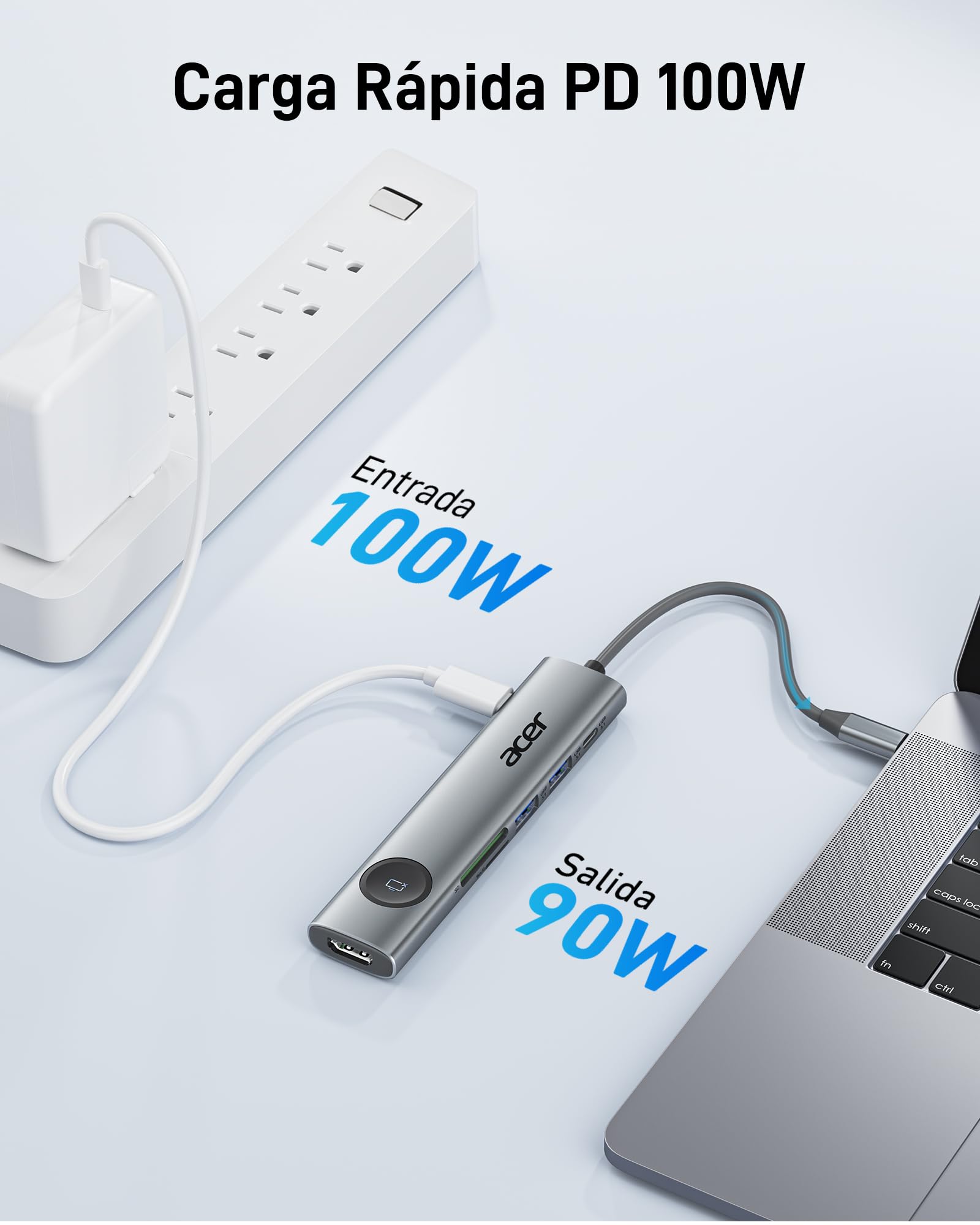 Acer Hub USB C 7 en 1, Docking Station 4K@60Hz Con 2 Puertos USB 3.0, PD 100W, Adaptador HDMI Con Botón de Encendido/Apagado Para Macbook, iPad Pro/Air, PC y Tabletas