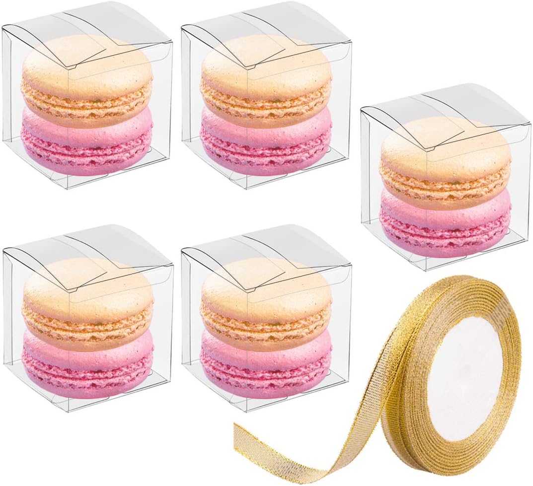 JOERSH 2x2x2 Inches Clear Boxes for Favors with Gift Ribbons 60 PCS Small Transparent Cube Wedding Baby Shower Birthday Party Favor Boxes, Minigifts Display Individual Macaron Box