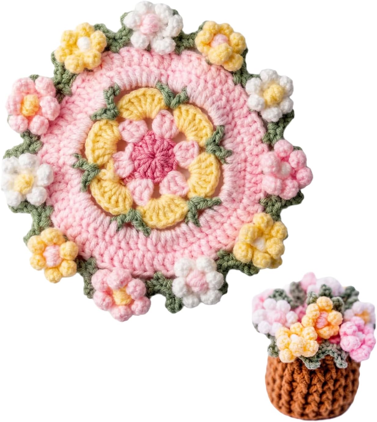 Handmade Crocheted Floral Coasters, Crocheted Bouquet Blankets Paired with Mini Crocheted Flower Pots—Perfect for Floral Decorations in Offices, Homes, and Cars (Little Daisy)