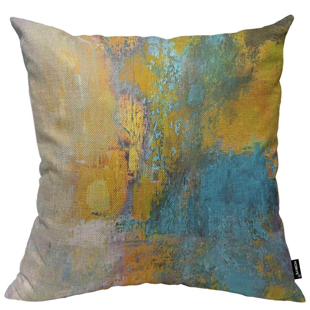 HOSNYE Sun Ball in Yellow and Turquoise Throw Pillow Case Cushion Covers Abstract Original Painting on Canvas Cotton Linen for Couch Bed Sofa Car Waist 18 x 18 inch