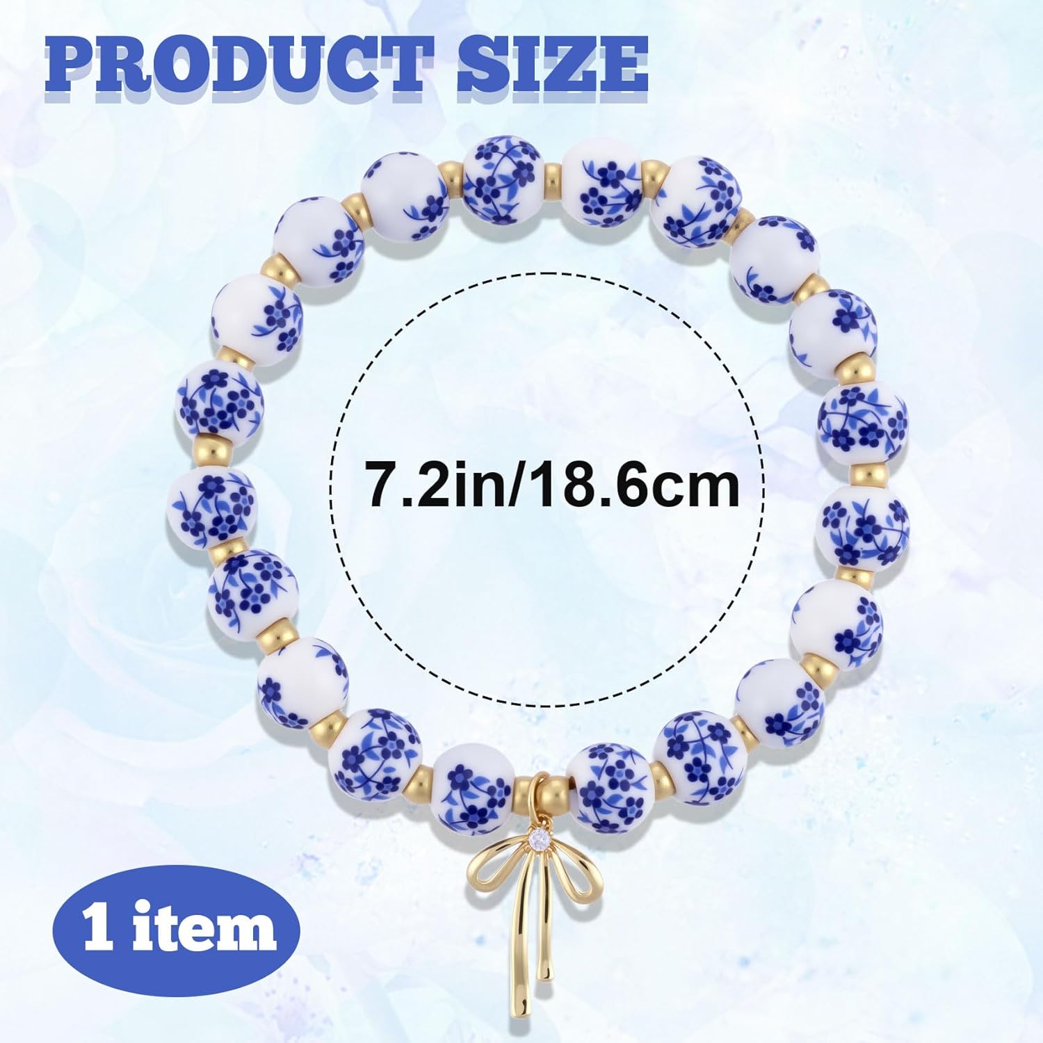 Bow Charm Beaded Bracelet, Porcelain Bead Flower Bracelet with Gold Spacer Beads, Vintage Stretch Bracelets for Women - Image 2