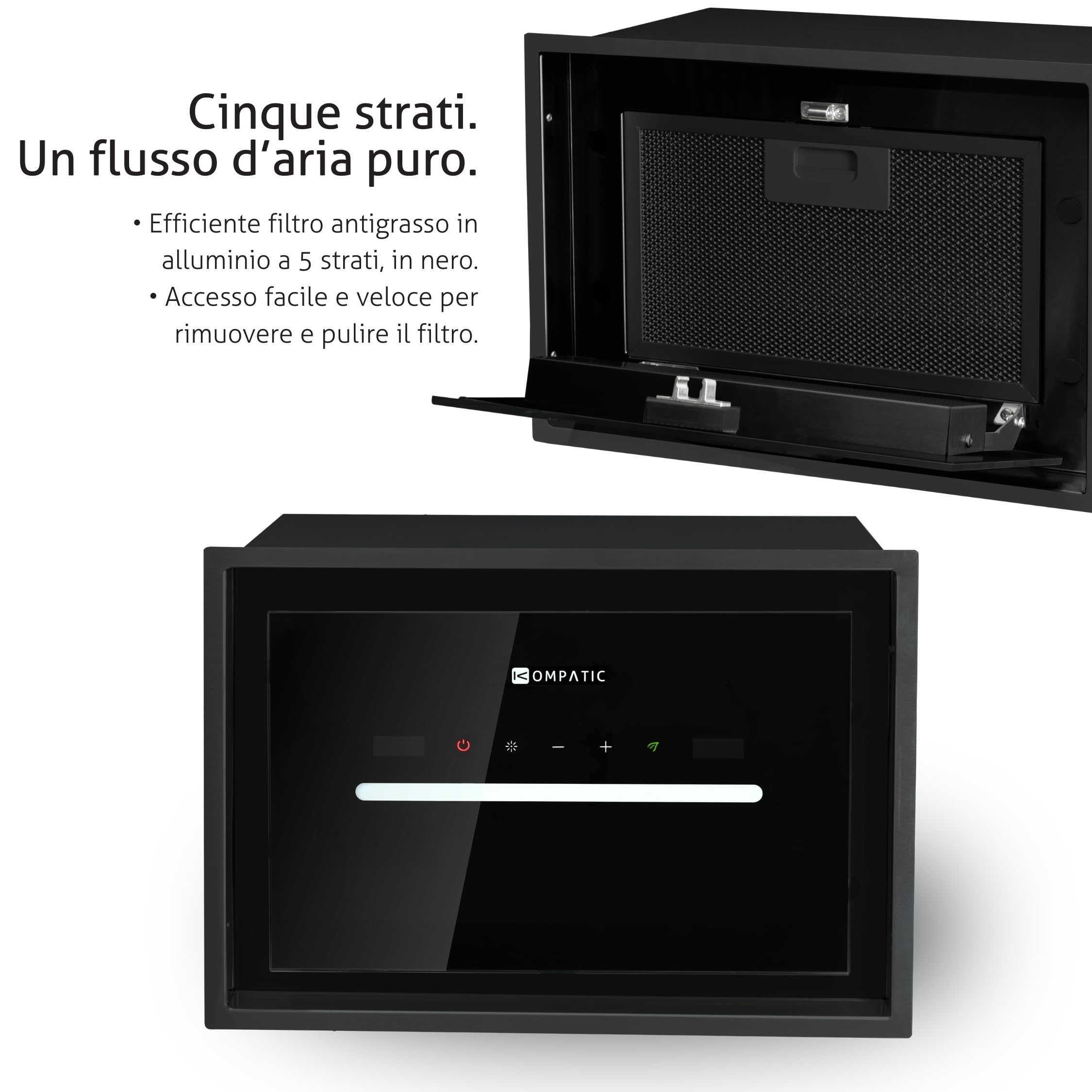 HANA 40 KPHN40BIB Cappa aspirante Incasso, A++, 40 cm, Controllo gestuale, Touch, Telecomando, Modalità purificazione aria, 450 m³/h, LED dimmerabile, Regolazione temperatura colore, Nero