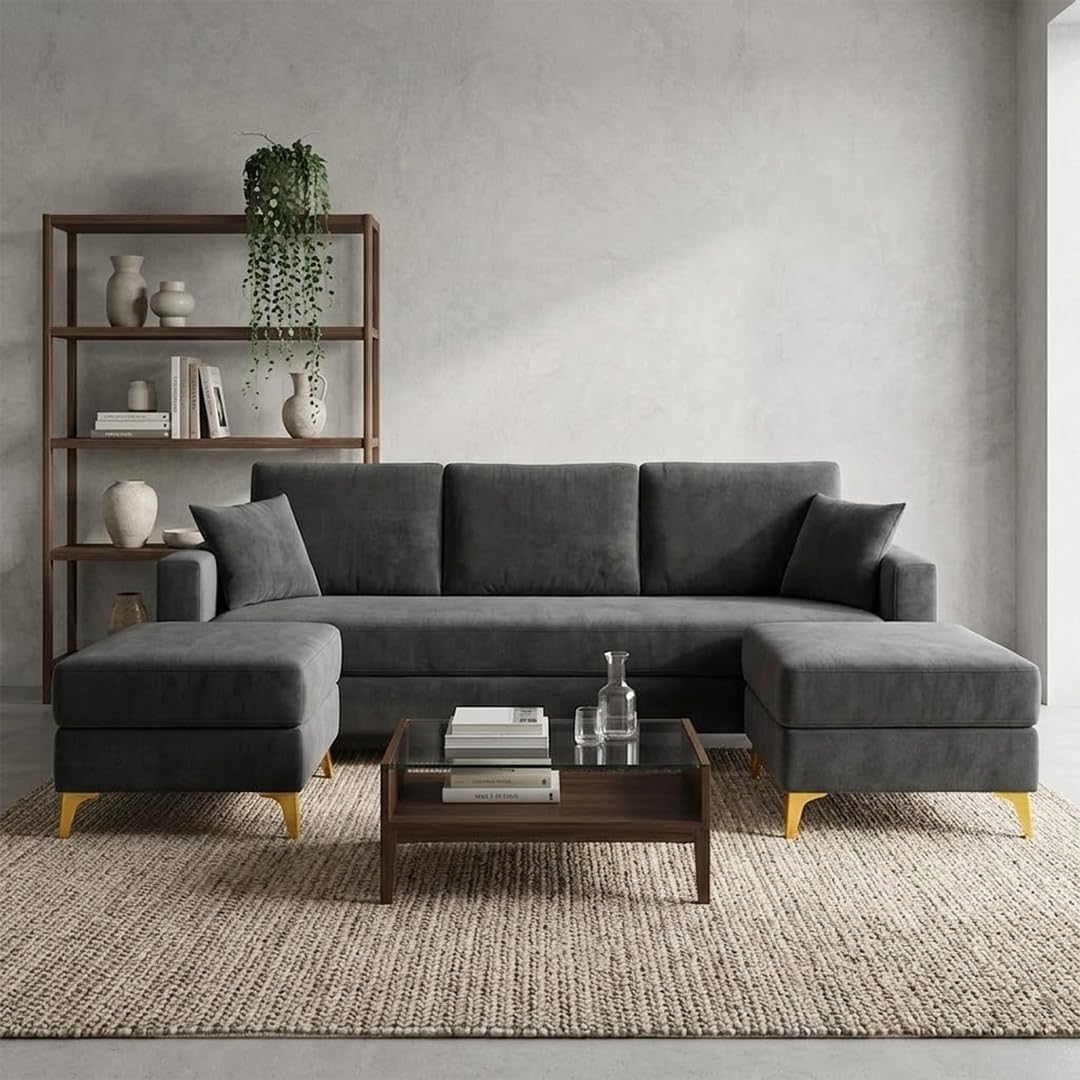 Bravelle 3 Seater Modular Sofa Set with 2 Ottoman | Soft Velvet Suede Fabric | Modern Design | Plush Comfort Cushions for Living Room (Dark Gray)-image-7