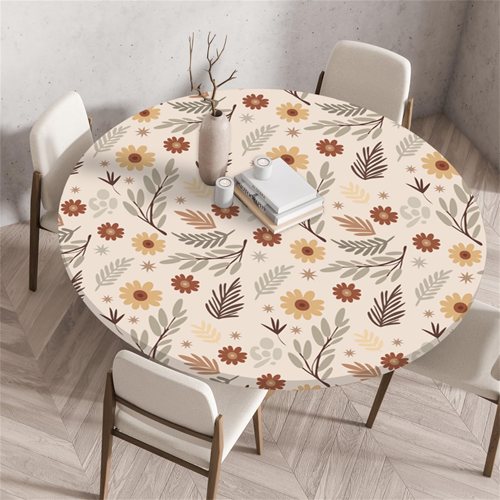 Muiuou Round Tablecloth, Waterproof Wipeable Table Cover Elastic Edge, Flower Printing Reusable Round Table Cover Cloth,Kitchen Fitted Restaurant Home Decoration (Diameter 90cm,Style 3) — image 1