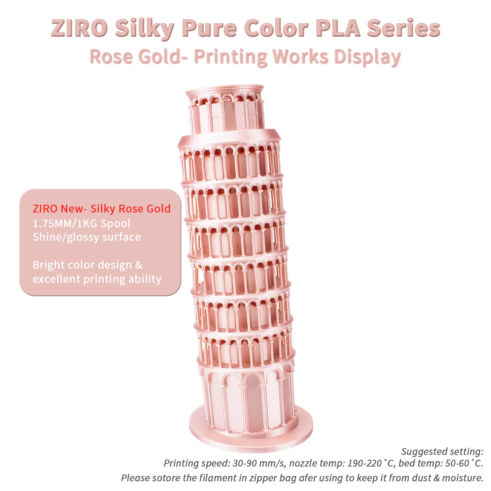 ZIRO Seta Filamento PLA 1.75mm, Filamento di Stampa 3D Setoso, PLA Lucido 1KG, Precisione Dimensionale +/- 0.03mm, Oro rosa